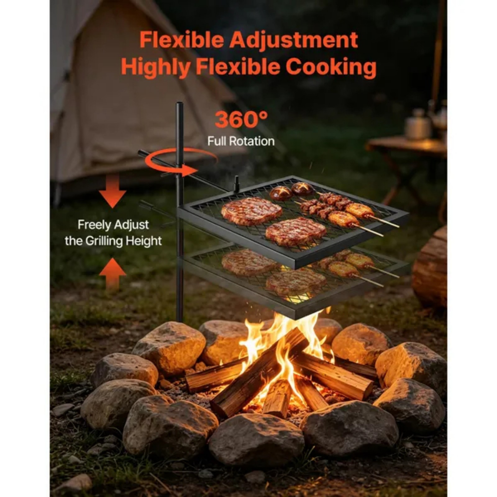 Camping Cooking Over Fire - Parrilla Giratoria Resistente para Fogatas, Parrilla