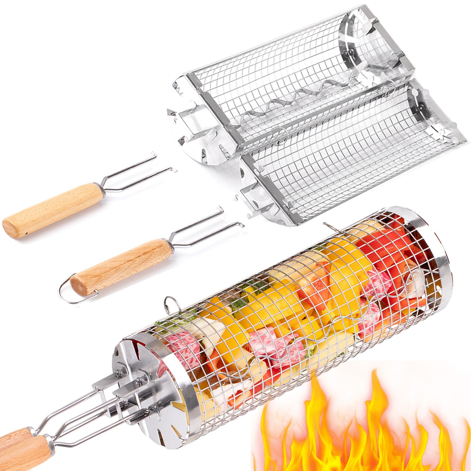 Camping Cooking Gadgets - BUYYES-cesta rodante para parrilla, tubo de